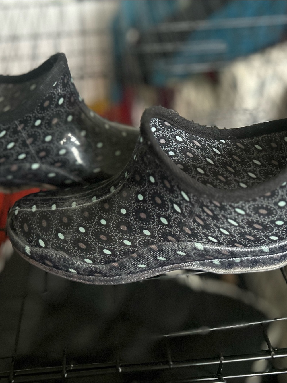 Capelli of New York Black Ankle Rain Booties with Mint Dot Pattern